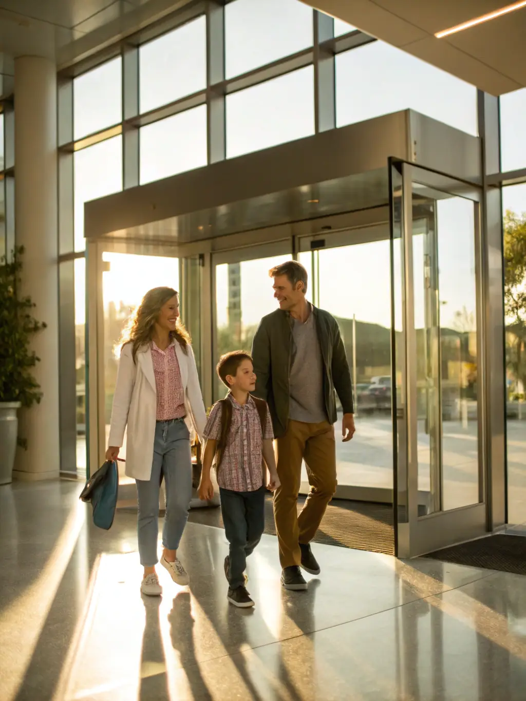 A smiling family confidently walking into a modern hospital, symbolizing the freedom to choose any hospital with Maser Health insurance.