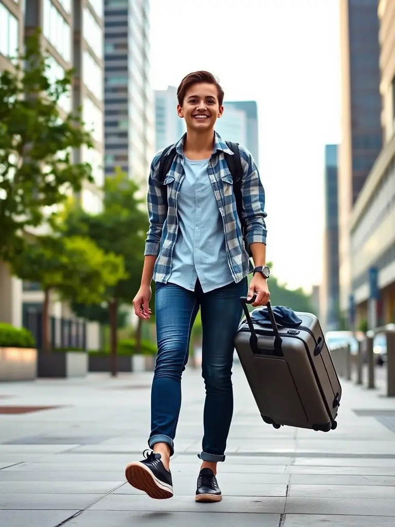 A person confidently walking with a suitcase, symbolizing the portability of Maser Health plans.