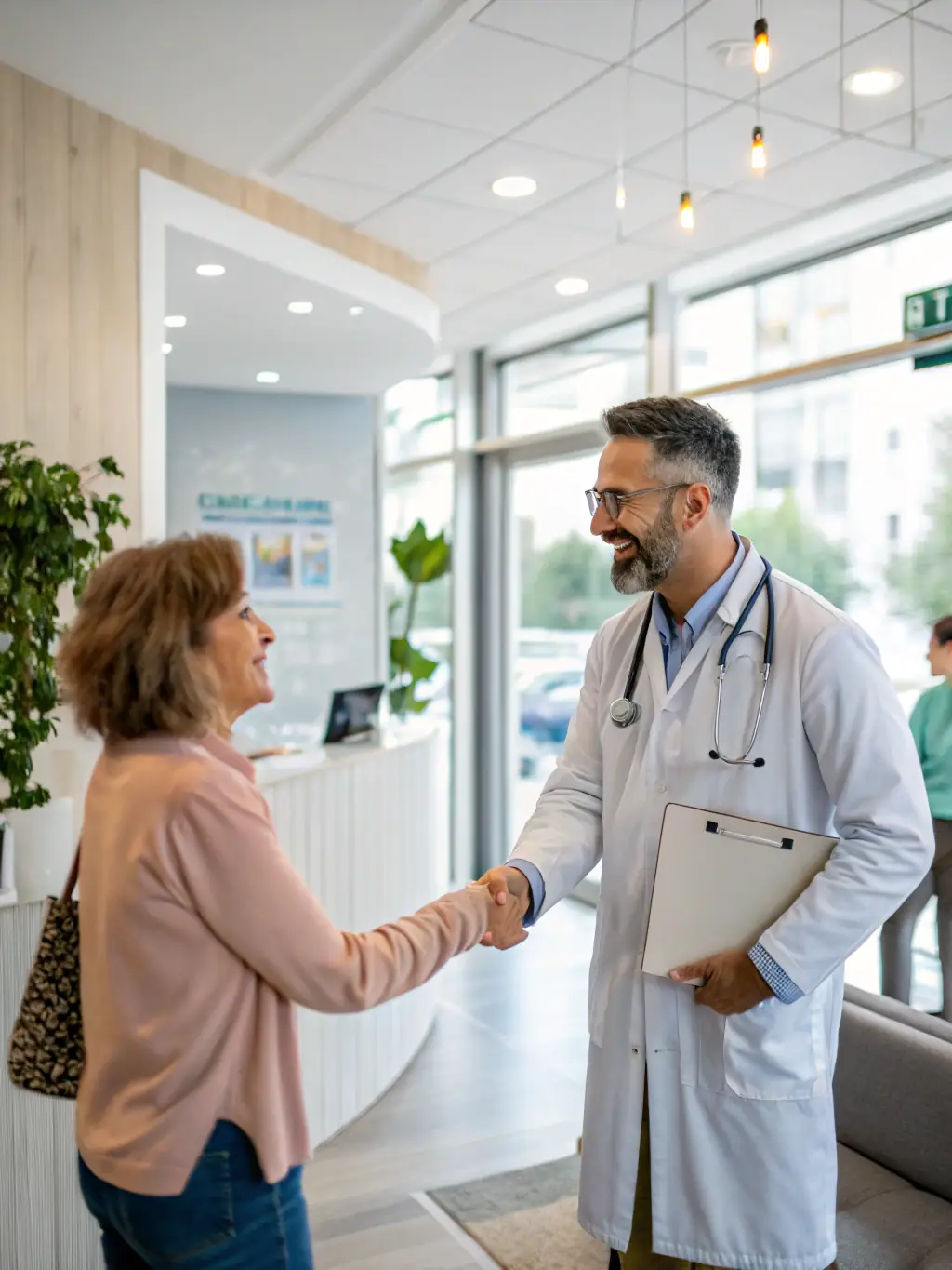 A friendly doctor shaking hands with a patient in a bright and welcoming office, representing the ability to see any doctor with Maser Health.