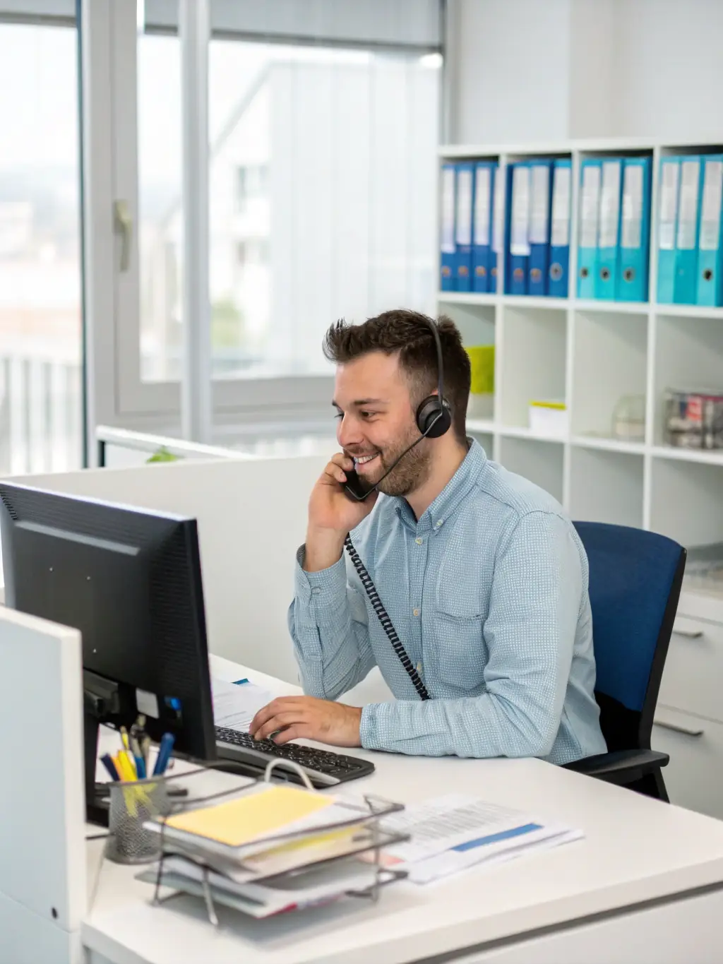 A customer service representative smiling while talking on a headset, illustrating 24/7 customer support availability.