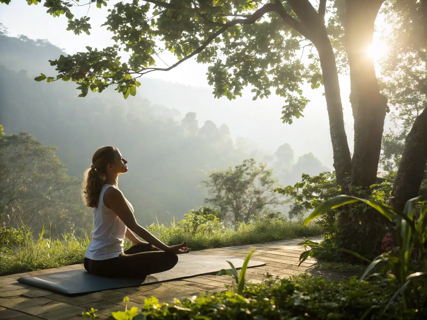 A person doing yoga in a park, representing the benefits of wellness programs and critical illness coverage.