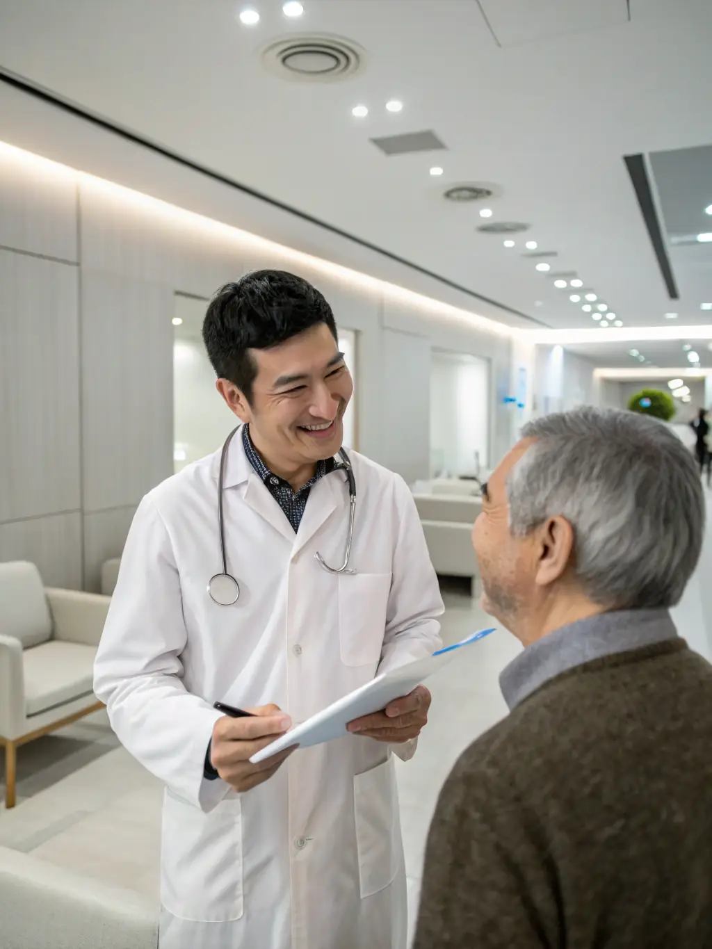 A friendly doctor shaking hands with a patient in a modern clinic, symbolizing the 'Any Doctor' benefit of Maser Health plans.