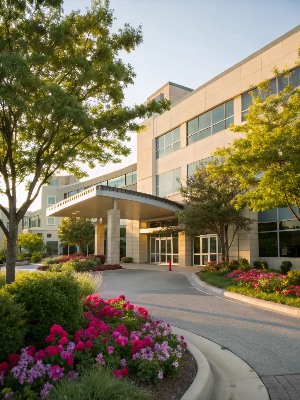 A modern hospital exterior with a welcoming entrance, representing the 'Any Hospital' coverage offered by Maser Health.